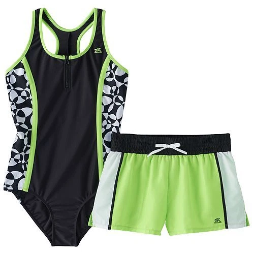 New Girls 8 ZeroXposur Lime Green Black White One Piece Swimsuit