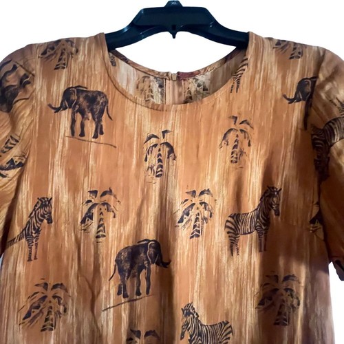 Safari Print Jungle Rust Maxi Dress with Elephants Zebras Palm Trees African - Picture 4 of 9