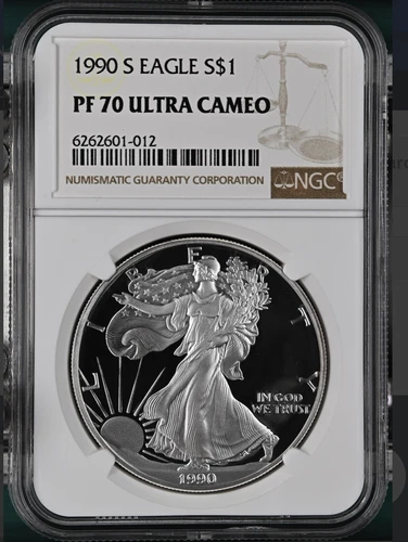 PF70 UCAM 1990-S American Silver Eagle - Brown Label NGC Spot Free White
