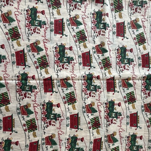 1960/ 70s Santa Merry Christmas Happy New Year Ivory Fabric VTG Holiday 3 Yards - Picture 5 of 6