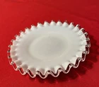 Vintage Milk Glass 6.5" Diameter Plate with Clear Glass Ruffled Edge, LOVELY!