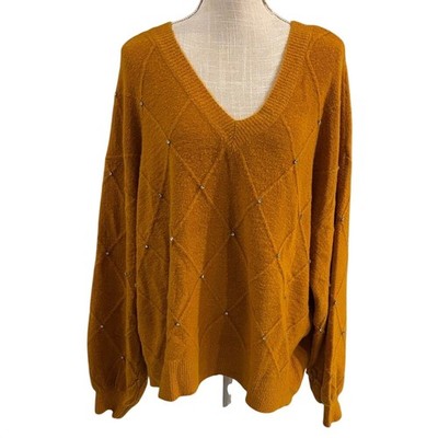 Liz Claiborne V-Neck Mustard Sweater Rhinestone Cozy. Lagenlook Layering NWT XL