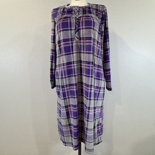 Aria Collection Purple Gray Plaid Long-Sleeve Nightgown Size L Soft PJs Pockets