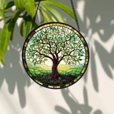 Handmade Tree of Life Stained Glass Window Hanging Nature Decor
