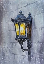 Original Artwork Painting Landscape NIGHT STREET VINTAGE LANTERN Wall Art GiftA4