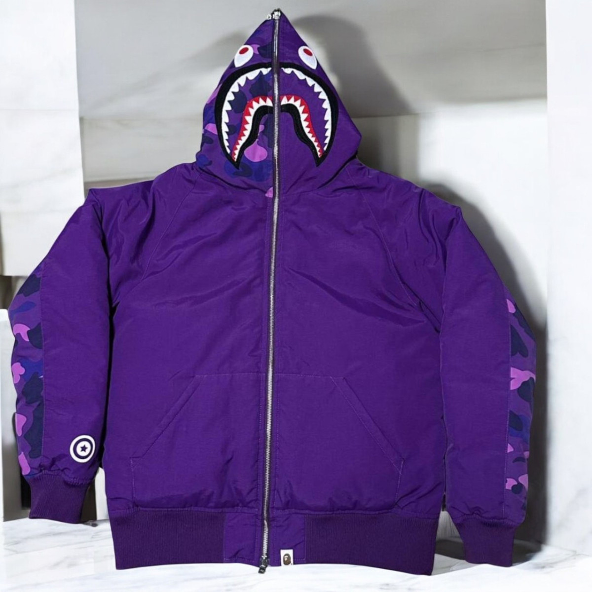 BAPE Shark Hoodie Puffer Down Jacket 1st Camo Purple Size L BAPE Shark Hoodie Puffer Down Jacket 1st Camo Purple Size L