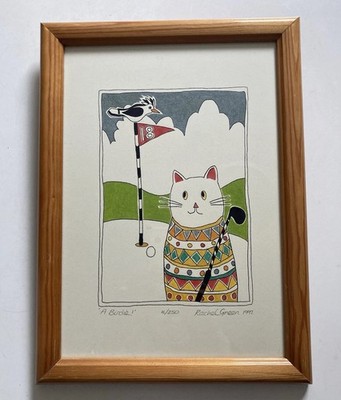 Vintage Rachel Green Print Golfing Cat ''Birdie'' signiert 1991 gerahmt 16/250
