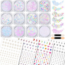 Body Glitter with Face Gems Stickers Set, 12 Pots Iridescent White Face Glitter