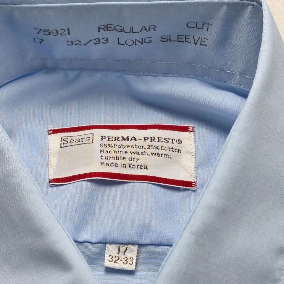 Camisa De Colección Sears Perma-Prest Para Hombres 17 32-33 Azul Vestido Con Botones Manga Larga Años 70 Foto 4 de 4