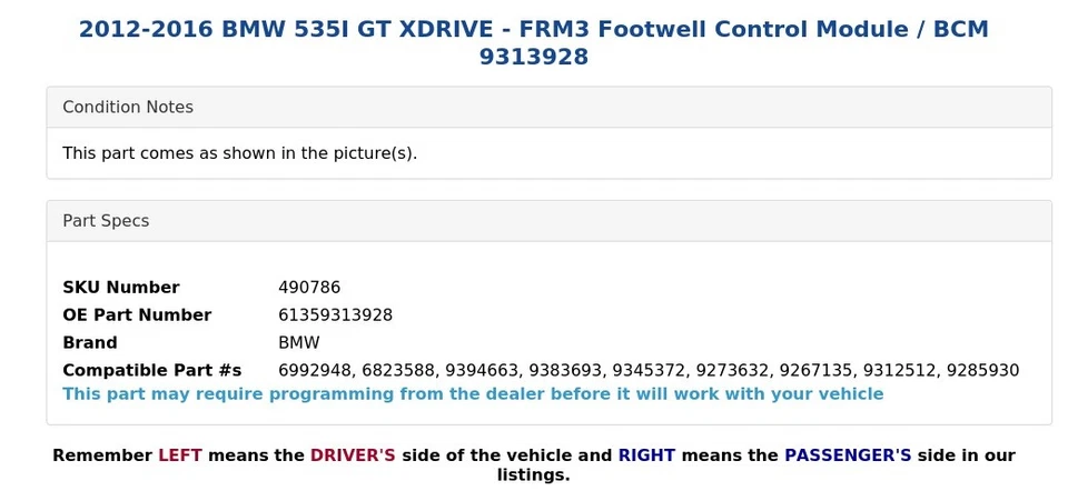 BMW 535I GT XDRIVE 2012-2016 - Módulo de control del espacio para los pies FRM3 / BCM 9313928 Foto 4 de 4