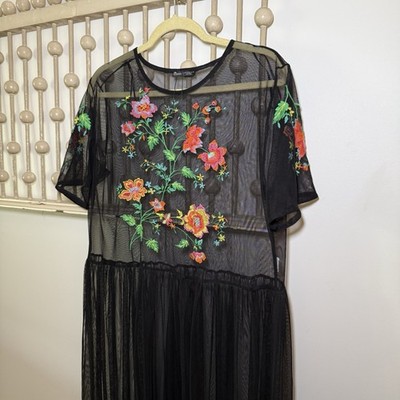 embroidered mesh dress zara Zara Sheer Maxi Dress M Black Mesh Embroidered Floral Boho Festival Coverup