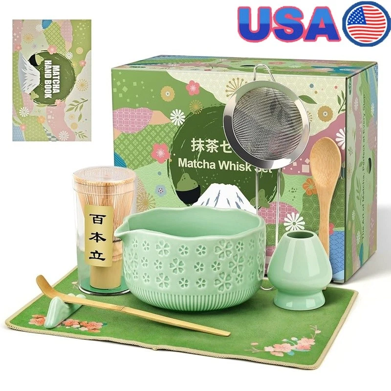 Complete 7-Piece Matcha Set Bamboo Whisk Bowl Sifter Scoop Holder Tea Towel New