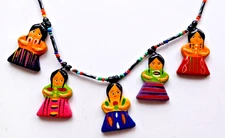 Vintage handmade/painted Guatemalan folk art Indigenous doll charm bead necklace
