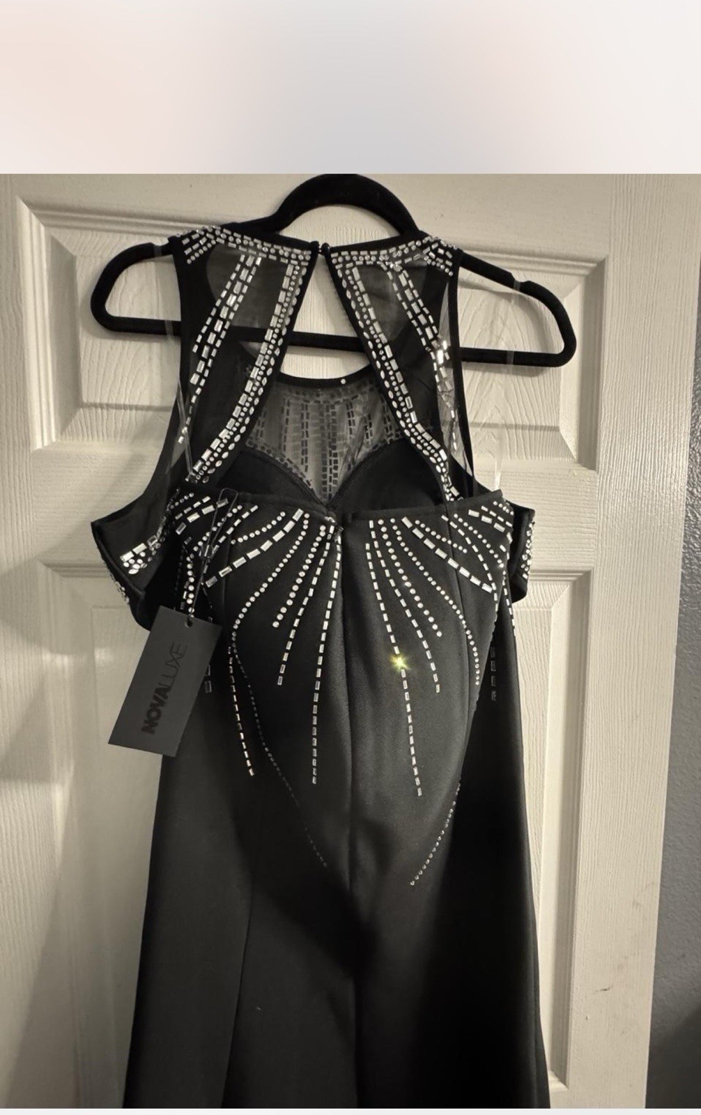 NOVALINE Black Rhinestone Backless Mermaid Long Gown Dress Women’s Size L 