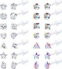 14Pairs Clear Plastic Earrings Stud Earrings for Women Rhinestone Acrylic Stud E