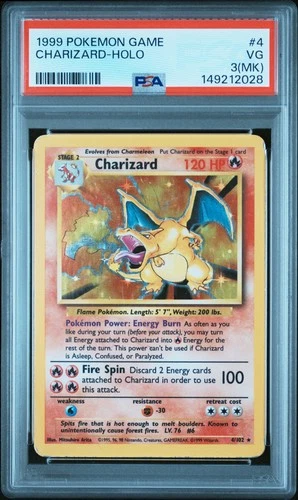 1999 POKEMON BASE SET UNLIMITED #4 CHARIZARD-HOLO PSA 3