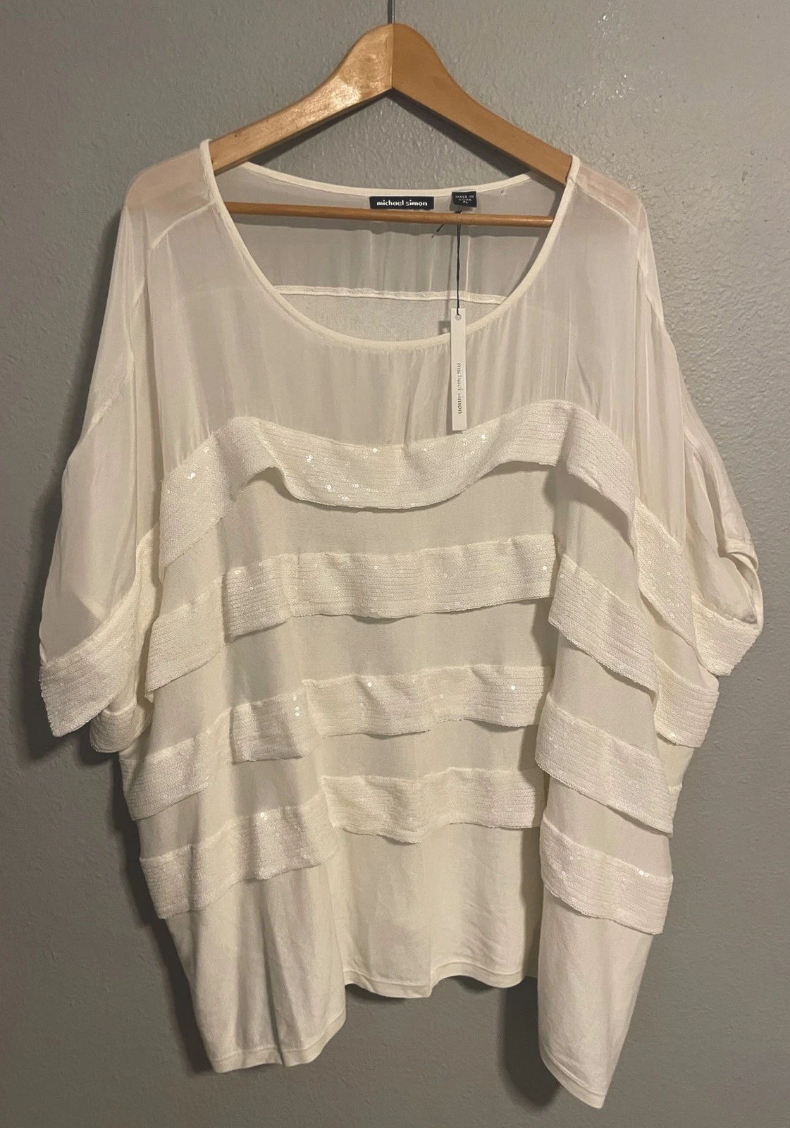 Michael Simon Womens Poncho Tunic Size XL Cream Bamboo Silk Sheer Sequin NWT