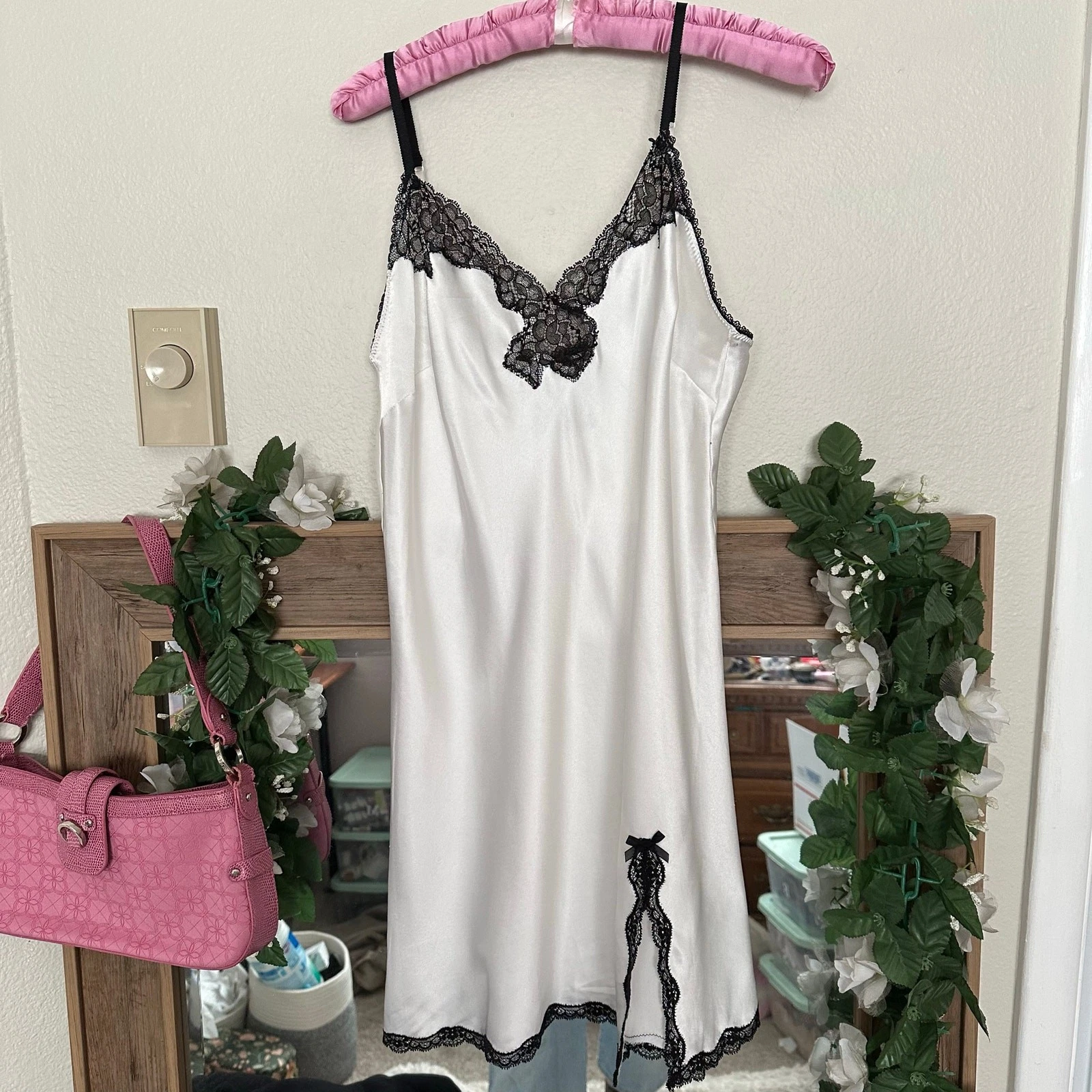 UNDERCOVER Abito donna vintage Victorias Secret L Y2K nero bianco pizzo orlo slip civetta