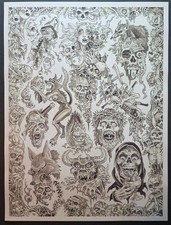 OG Tim Lehi Traditional Tattoo Flash Sheet Hand Signed Stamped Skulls 18X24"