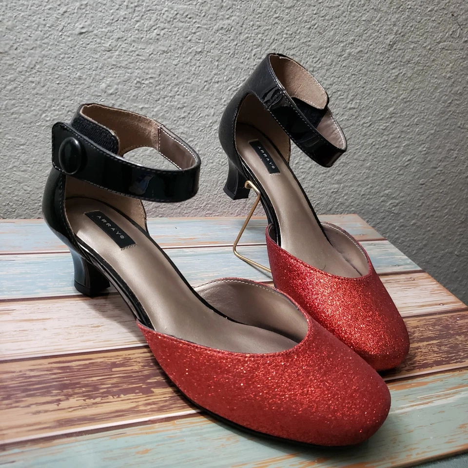 Sapatos Array Charlie Red Glitter Pumps 7W salto baixo gatinho alça no tornozelo Dorothy Oz - Imagem 4 de 4