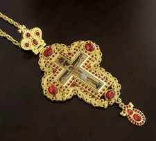 Red and Gold Orthodox Brass Pectoral Cross   Traditional Eastern Clergy