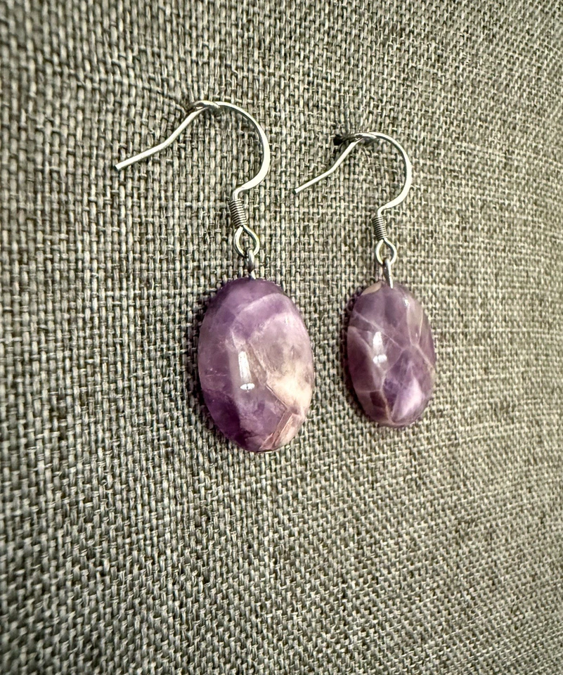 Brincos Houndstooth de ametista natural aço inoxidável gancho francês joias do sudoeste - Imagem 4 de 4