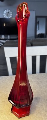 Viking Glass Epic Column Ruby Red Swung Vase 12  Tall w/ Sticker Vintage MCM