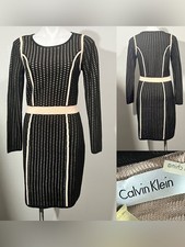 Calvin Klein Knit Dress Sz M Black/Cream stretch 3/4 sleeve cocktail date night