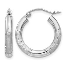 14k White Gold Satin and Diamond-cut 3mm Round Hoop Earrings L-20 mm, W-20 mm