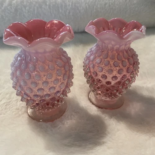 PAIR Vintage Fenton Vase Cranberry Opalescent Hobnail Glass Bud Vase Ruffle Rim