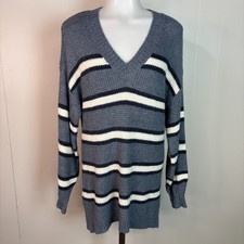 American Eagle Sweater XS Blue Striped Waffle Knit Oversized V-Neck Pullover