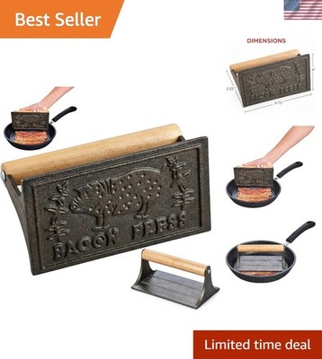 Bacon Press, Heavyweight Cast Iron, Rectangular With Wood Handle, For Stoveto...