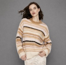 Wild Fable Oversized Stripes Crew Neck Fuzzy Sweater Cream Tan Brown Size Large