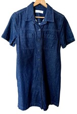 Lucky Brand S Denim Shirt Dress Cotton Modal Silk Button Front Short Sleeve
