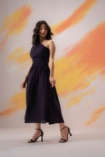 Four & Co Women's Smock Midaxi One Shoulder Maxi Cinched Waist Dress
