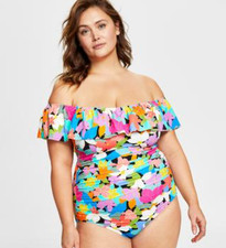 Swim Solutions Plus Tummy Control Off-the-Shoulder Ruffled Swimsuit Sz 24W 9065