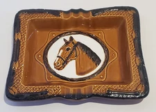 Vintage Horse Head Ashtray Ceramic Woven Tweed Type Border Retro READ DESCRIPT.