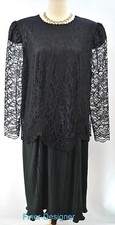 David Rose Black Lace Dress organ pleated skirt mock 2 pc Long Sleeves 22.5 VTG