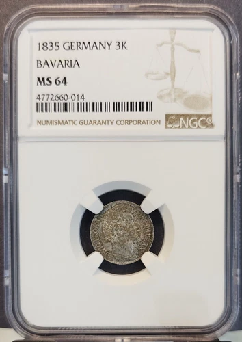 1835 GERMANY SILVER 3 KREUZER BAVARIA LUDWIG I NGC MS 64 HIGH GRADE SCARCE COIN