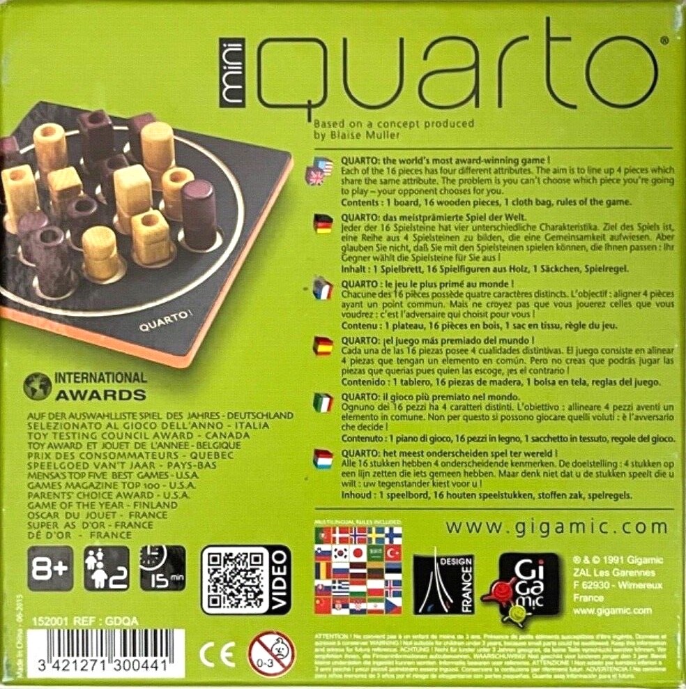 Quarto Mini – Juego De Mesa De Madera Para 2 Jugadores, Abstracto Y Estratégico, Reconocido Mundialmente, Incluye 16 Piezas De Haya Y Bolsa De Almacenamiento