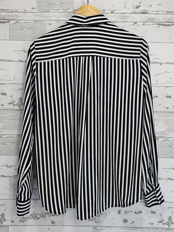 Camisa H&M Mujer Rayas 6 Azul Marino Blanco Mangas Largas Calce Relajado Foto 2 de 4