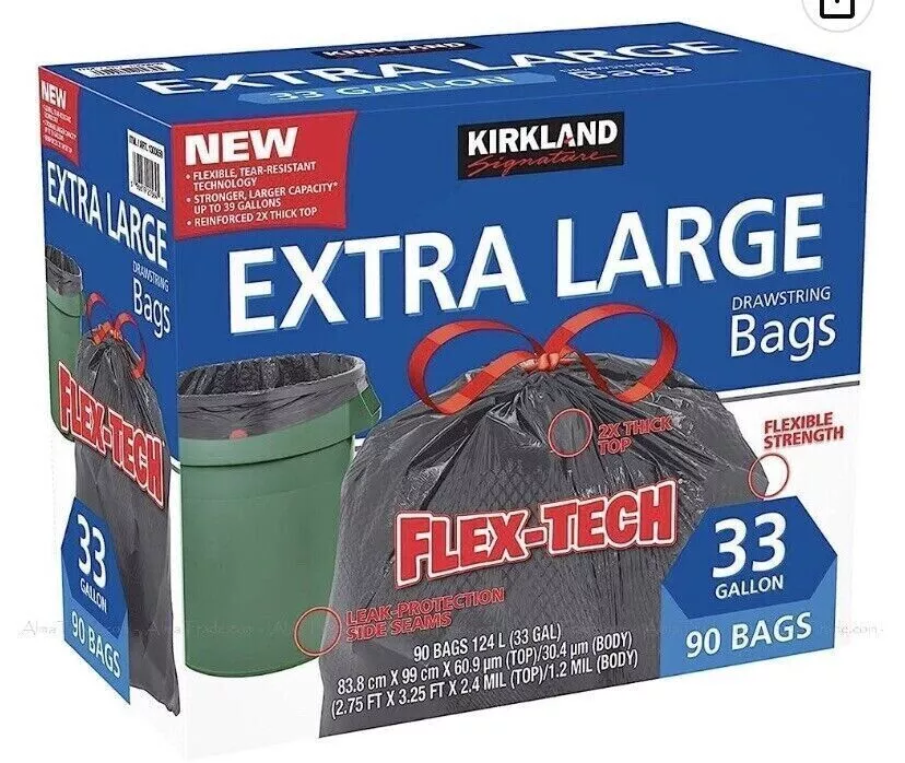 Kirkland Signature Flex-Tech Drawstring Heavy Duty Trash Bags 33