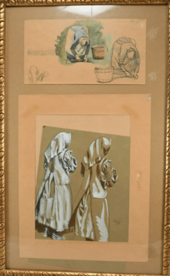 Two drawings, figure studies | mixed media/watercolor by Ernst Georg Rüegg