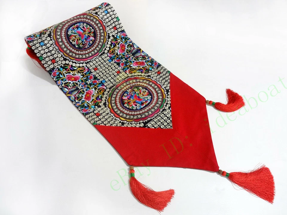 13.7x80" Chinese Hmong Auspicious Floral Blossom Embroidery pattern Table Runner - Image 2 of 4