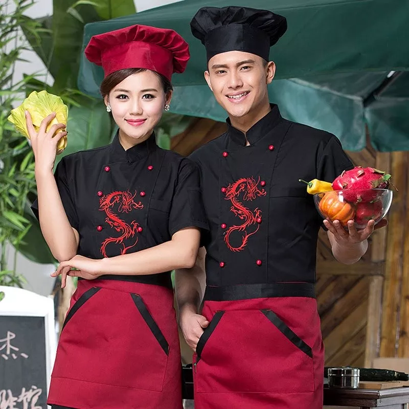 Men Women Chinese Dragon Printed Chef Apparel Uniform Jacket Coat