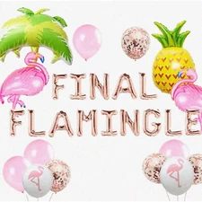 Flamingle Fiesta: Rose Gold Flamingo Bach Balloons & Banner - Fun Flamingo Bache