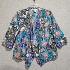Chico's Paisley Linen Drape Jacket 3 XL 3/4 Sleeve Colorful Open Front