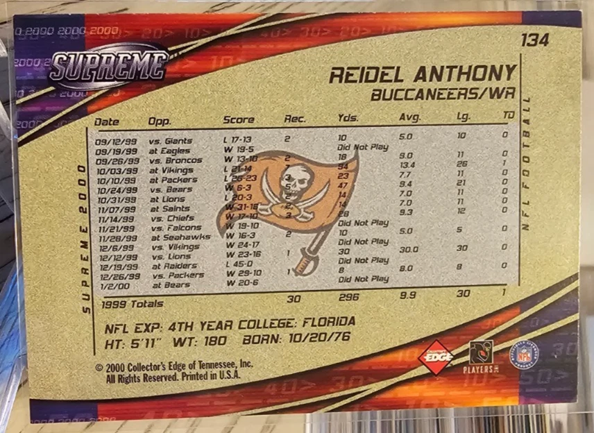 2000 Collector's Edge Supreme Reidel Anthony #134 Buccaneers - Image 2 of 2
