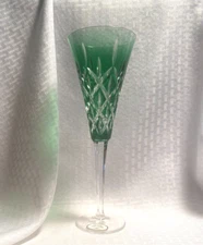 AJKA ST LAZARE FLUTE EMERALD GREEN CUT TO CLEAR CRYSTAL BOHEMIAN HUNGARY SIGNED
