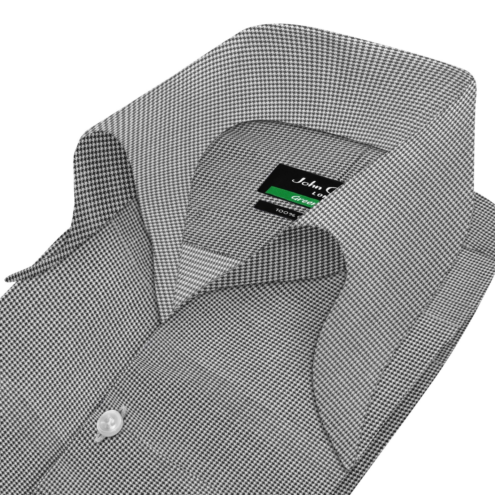 High Open Bow Collar Buttonless Men's Black Dogstooth V Neck Preppy Cotton Shirt image 7